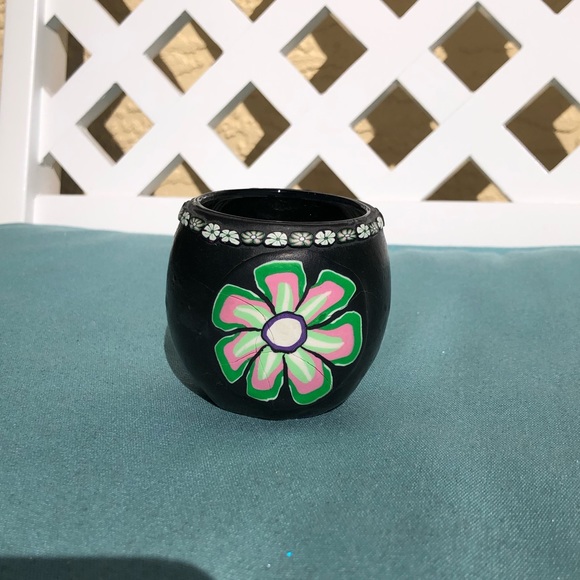 🎁Vintage floral clay covered glass votive holder. GUC!